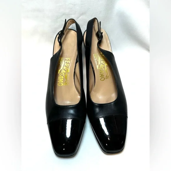 Salvatore Ferragamo Black Patent Slingback Heels